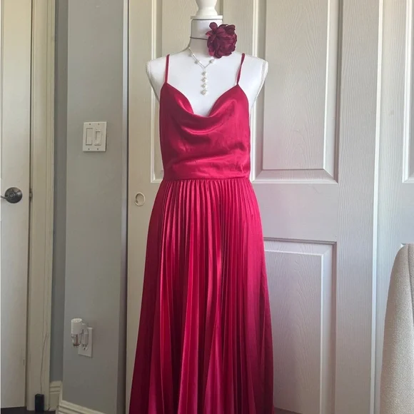 Gorgeous Romantic Coquette Cherry Satin Midi Dress with Cowl neckline - Picture 3 of 8